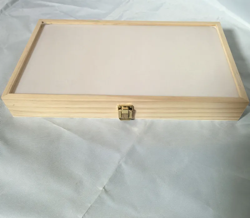 Clear-top wooden boxes with a locking clasp.
