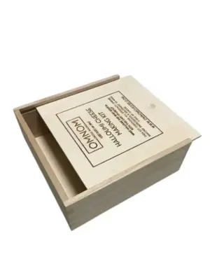 Sliding wooden box with branded logo